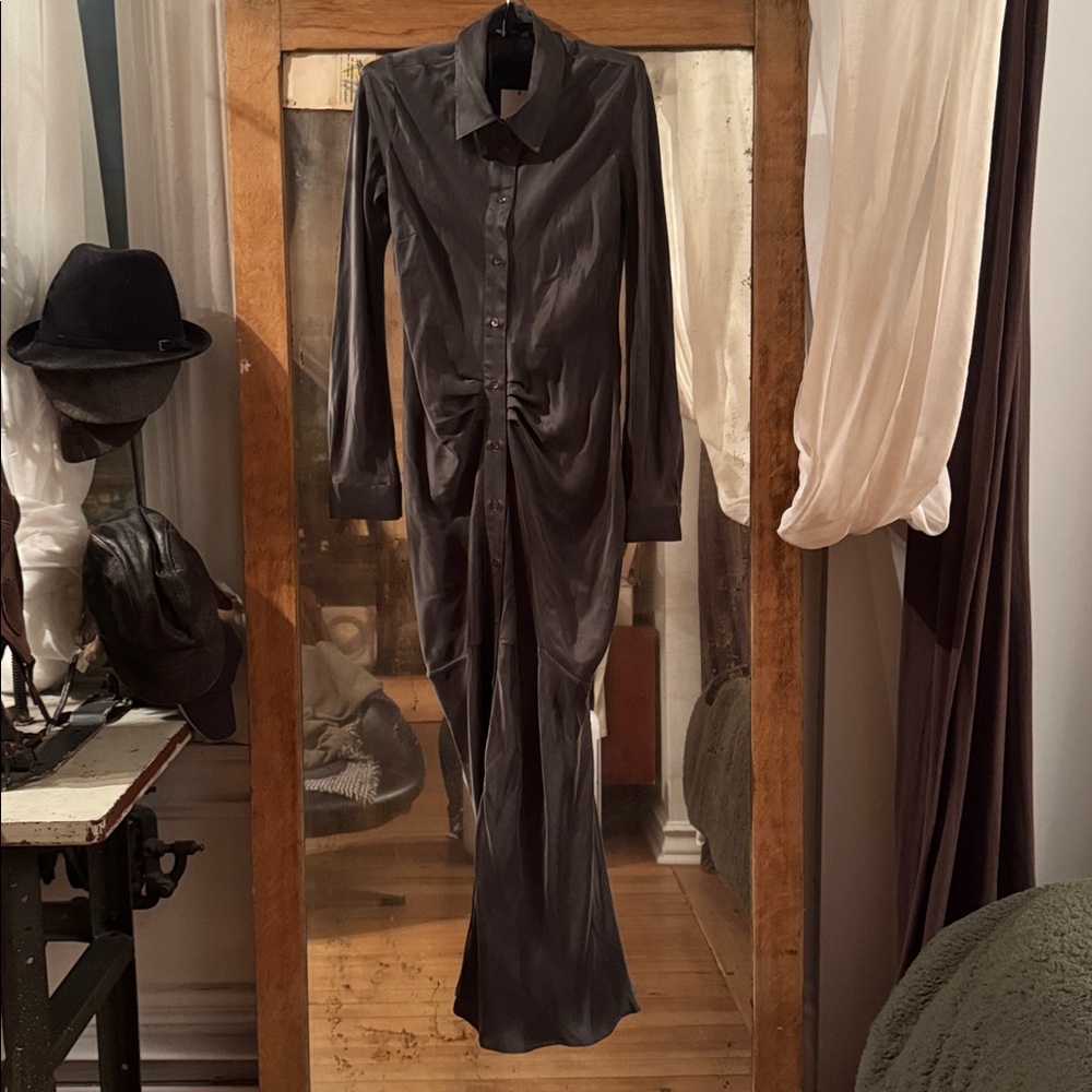 Elegant Black Ash Silk Long Sleeve Maxi Dress SilkLaundry